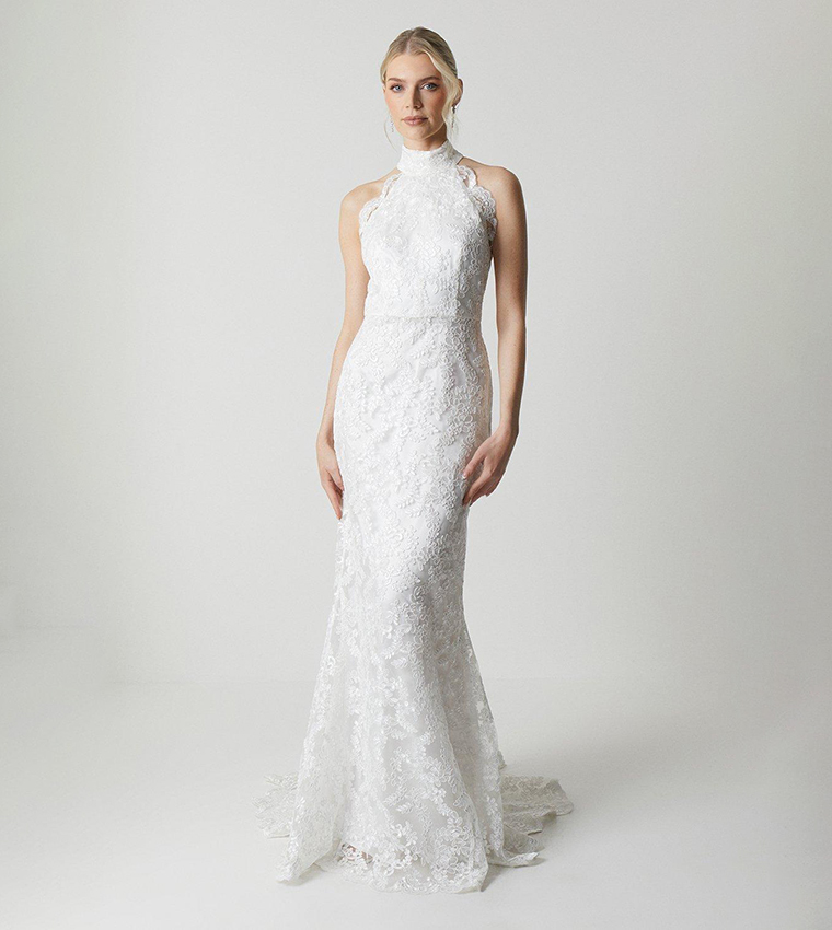 Buy Coast High Neck Embroidered Mesh Wedding Dress With Train In Ivory 6thStreet UAE