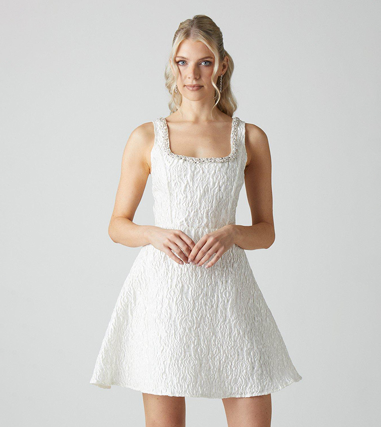 Jacquard Full Skirted Mini Dress with Jewel Trim