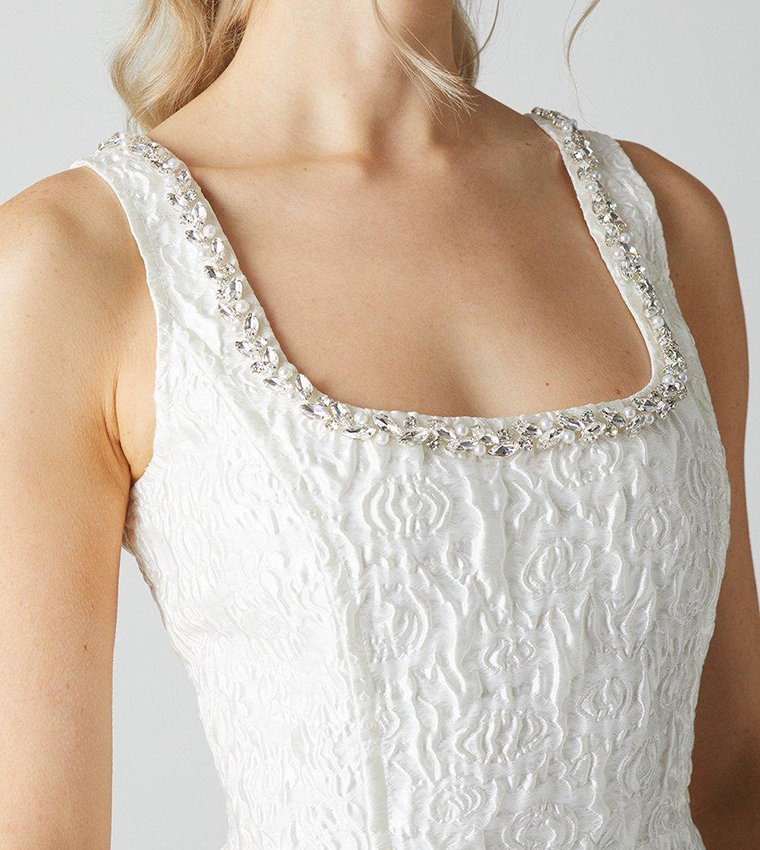 Jacquard Full Skirted Mini Dress with Jewel Trim