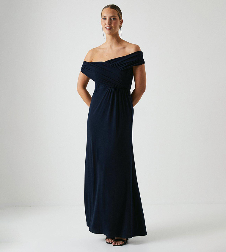 Ruched Bardot Fishtail Slinky Jersey Bridesmaids Maxi Dress