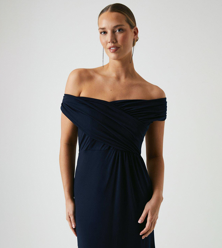 Ruched Bardot Fishtail Slinky Jersey Bridesmaids Maxi Dress