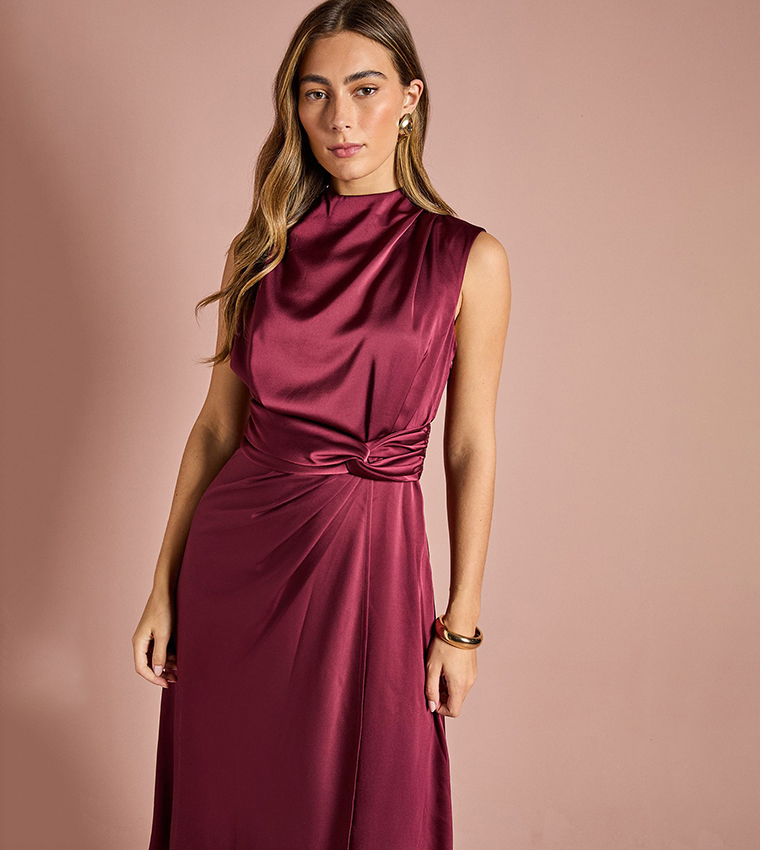 Satin Midi Dress with Twist Waist