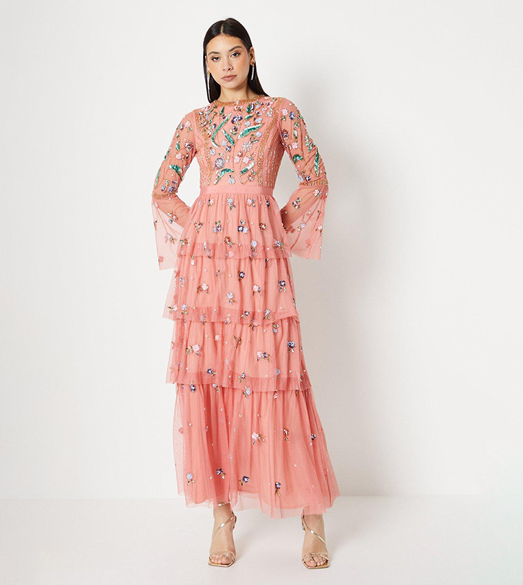 Hand Embellished Tiered Skirt Maxi Dress