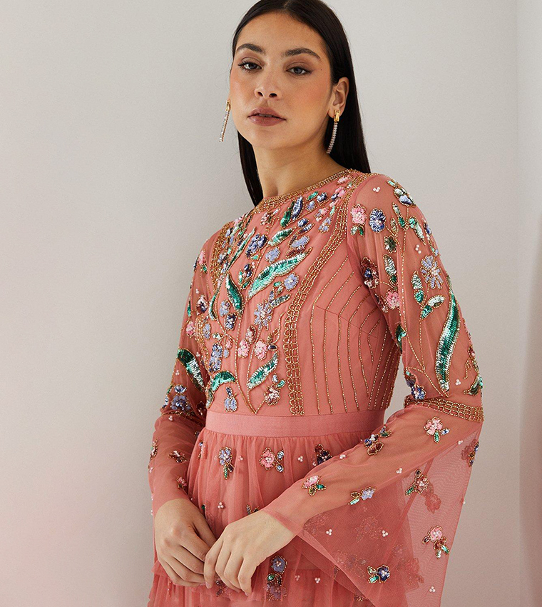 Hand Embellished Tiered Skirt Maxi Dress