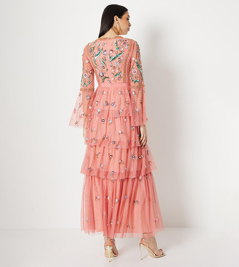 Hand Embellished Tiered Skirt Maxi Dress