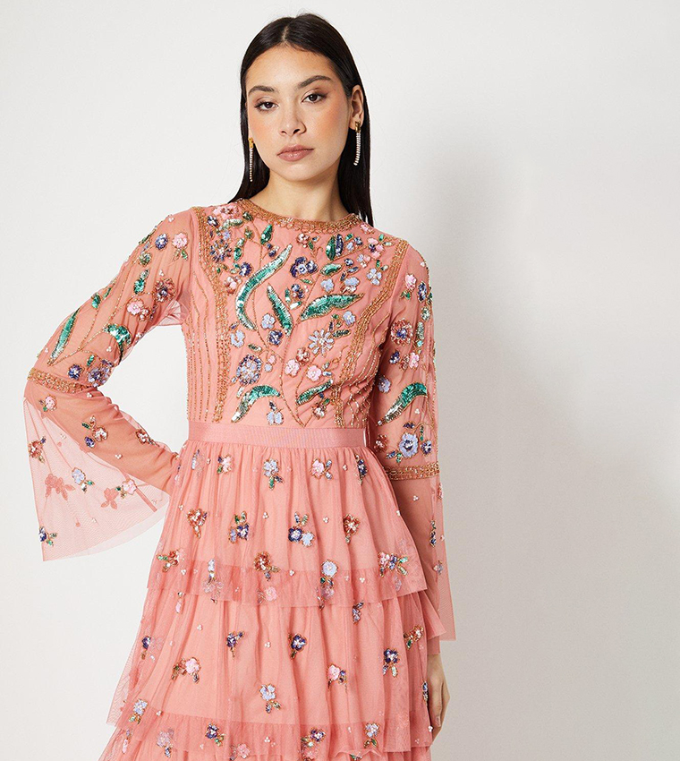 Hand Embellished Tiered Skirt Maxi Dress