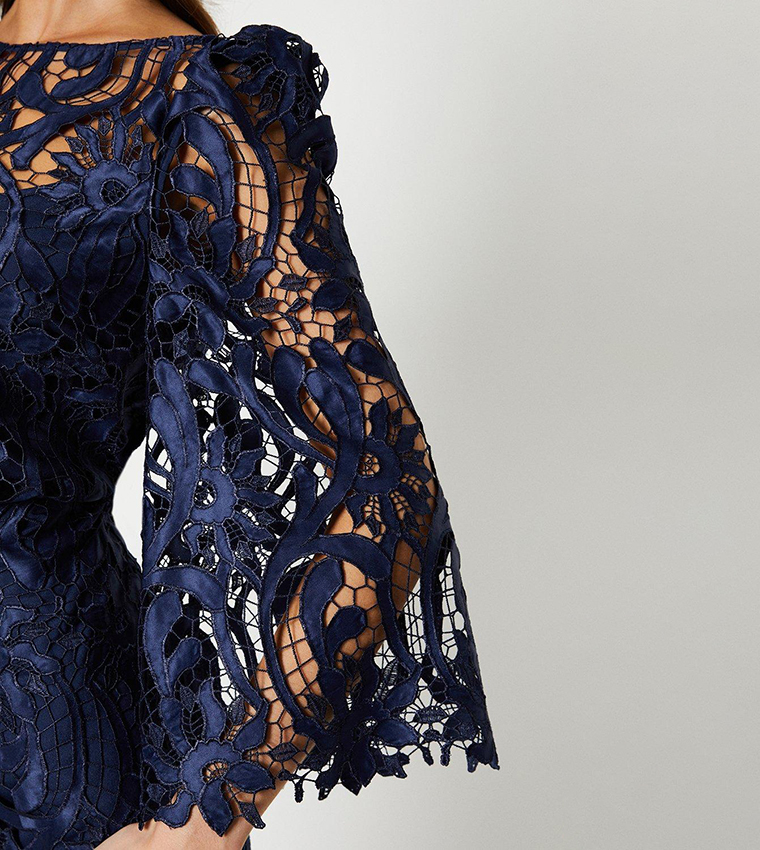 Tea-length Bateau Neck Satin Lace Sheath Dress Ocean Blue