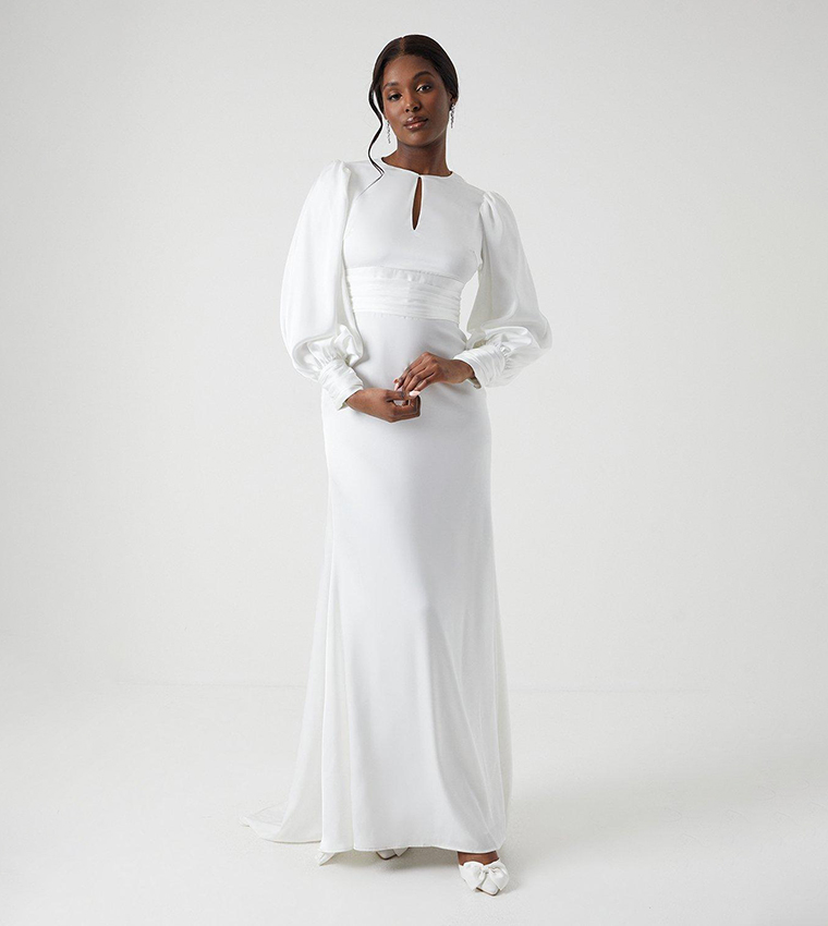 Buy Coast Outlet Long Sleeves Keyhole Satin Wedding Dress With Train In  White | 6thstreet Bahrain