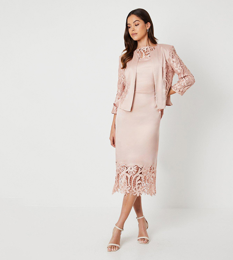 knee length dresses for ladies Pink Tailored Lace Midi Dress – self-portrait-US main image 0