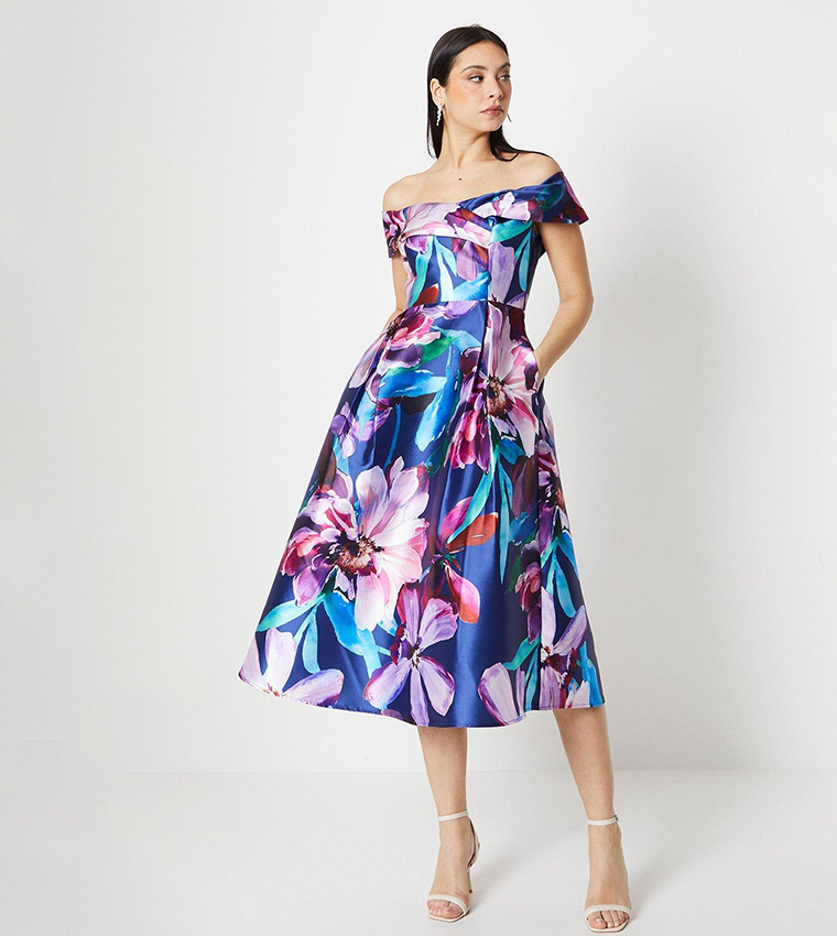 blue bardot dress river island River Island Blue Bardot Puff Sleeve Maxi Dress
