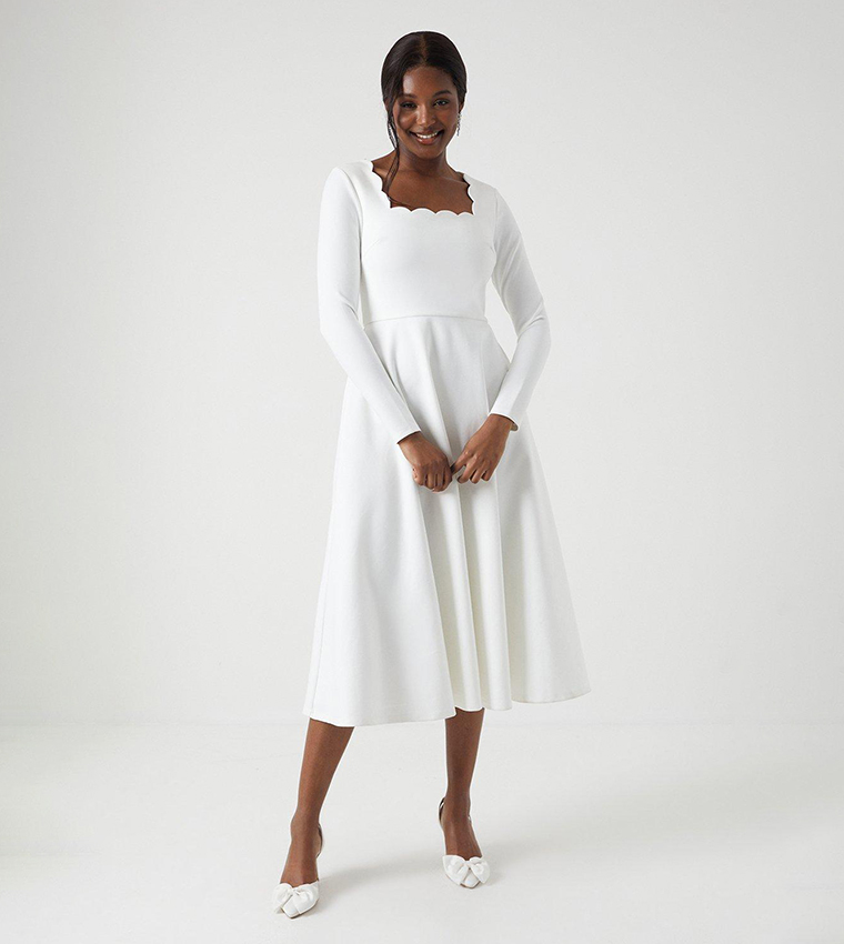 Buy Coast Scallop Neckline Long Sleeves Midi Wedding Dress In Ivory
