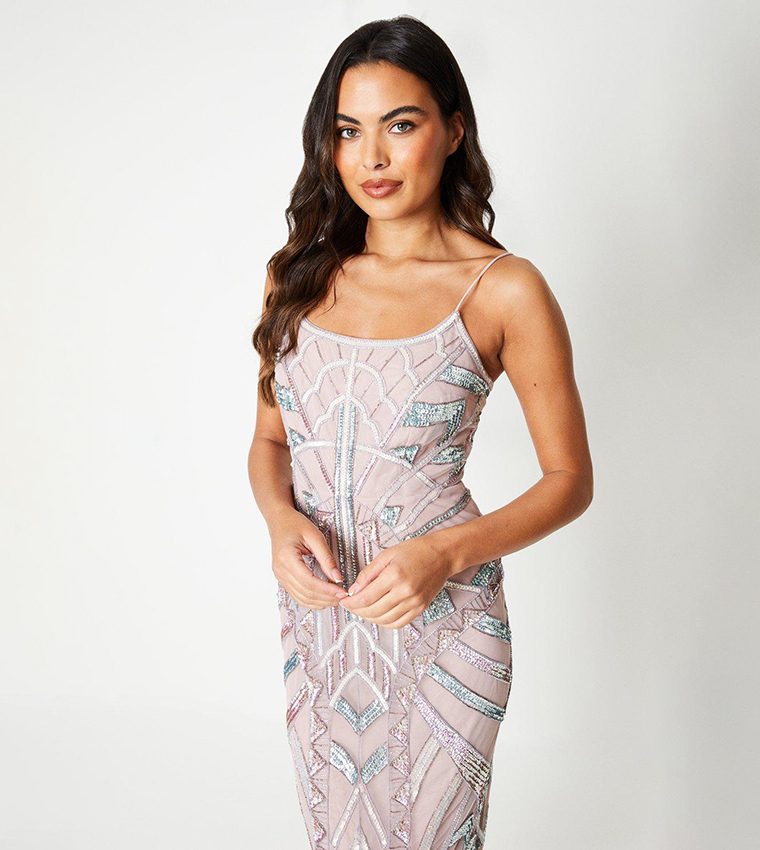 Premium Hand Embellished Deco Pencil Midi Dress