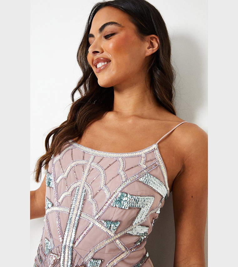 Premium Hand Embellished Deco Pencil Midi Dress