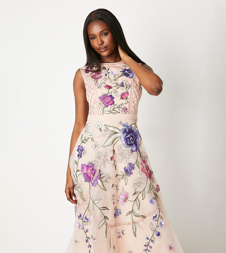 Embroidered floral midi dress hotsell