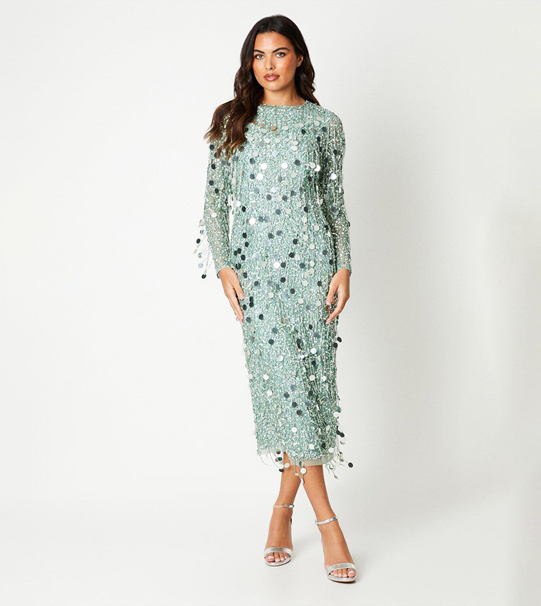 Buy Coast Premium Embellished Fringe And Disc Sequin Column Dress In Green 6thStreet Bahrain