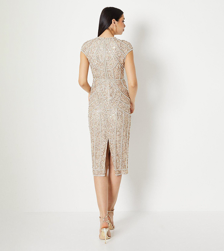 Cap Sleeves Pearl Embellished Pencil Dress