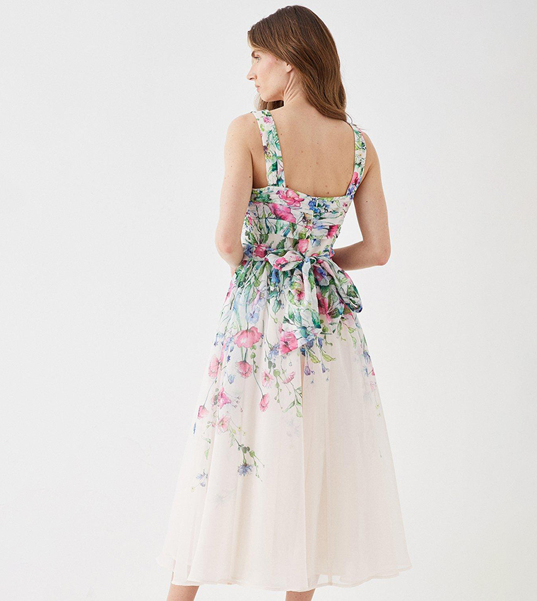 Ivory Floral Print Shirred Neck Dress main image 0