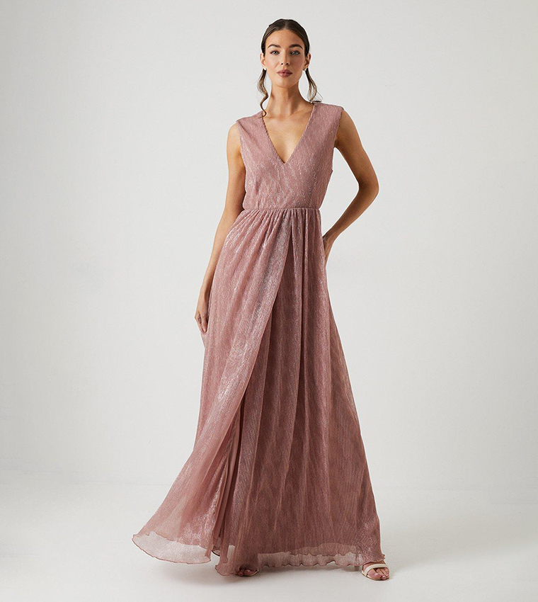 Metallic Plisse V-Neck Bridesmaids Dress
