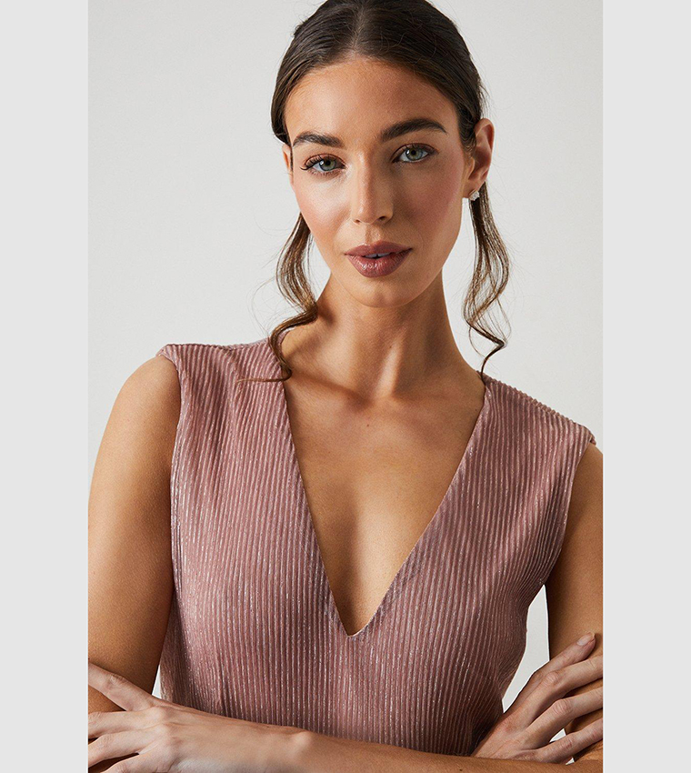 Metallic Plisse V-Neck Bridesmaids Dress