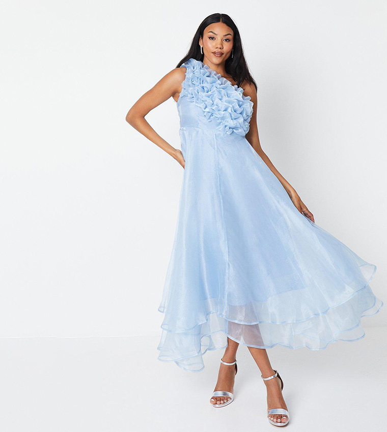 One Shoulder Ruffle Bodice Midi Dress