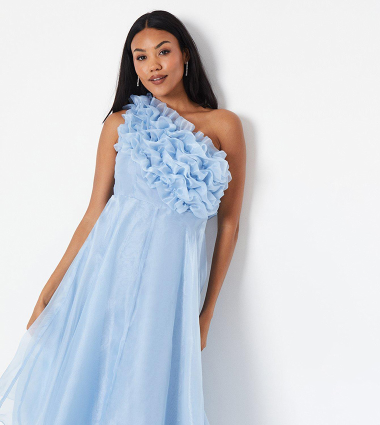 One Shoulder Ruffle Bodice Midi Dress