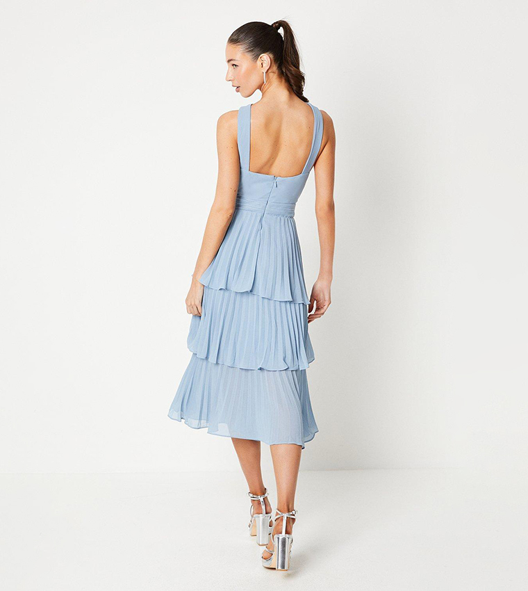 Pleated Bodice Chiffon Long Dresses with Slit Dark Navy