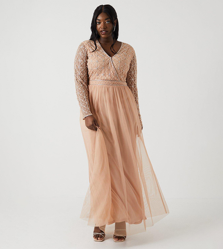 Buy Coast Plus Size Embellished Long Sleeves Bridesmaids Dress In Peach 6thStreet Bahrain