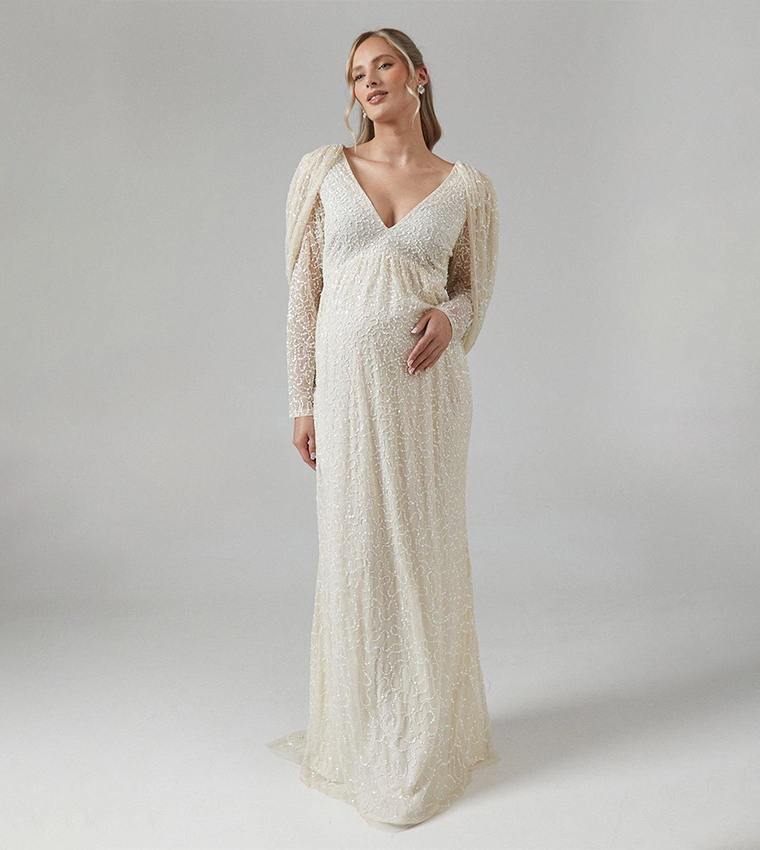 Buy Coast Embellished Cowl Back Long Sleeves Maternity Wedding Dress In  Beige | 6thStreet UAE