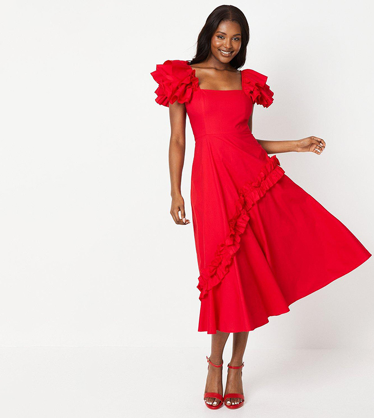 Buy Coast Frill Sleeves Ruffle Skirt Cotton Midi Dress In Red 6thStreet Kuwait