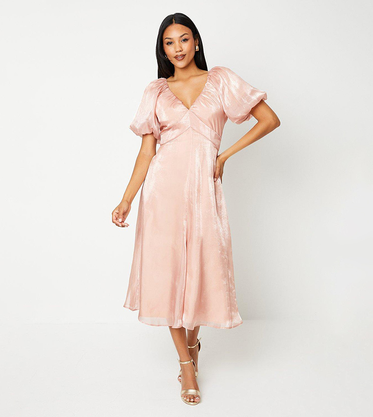 Buy Coast Glossy Puff Sleeves Organza Midi Dress In Peach 6thStreet Qatar