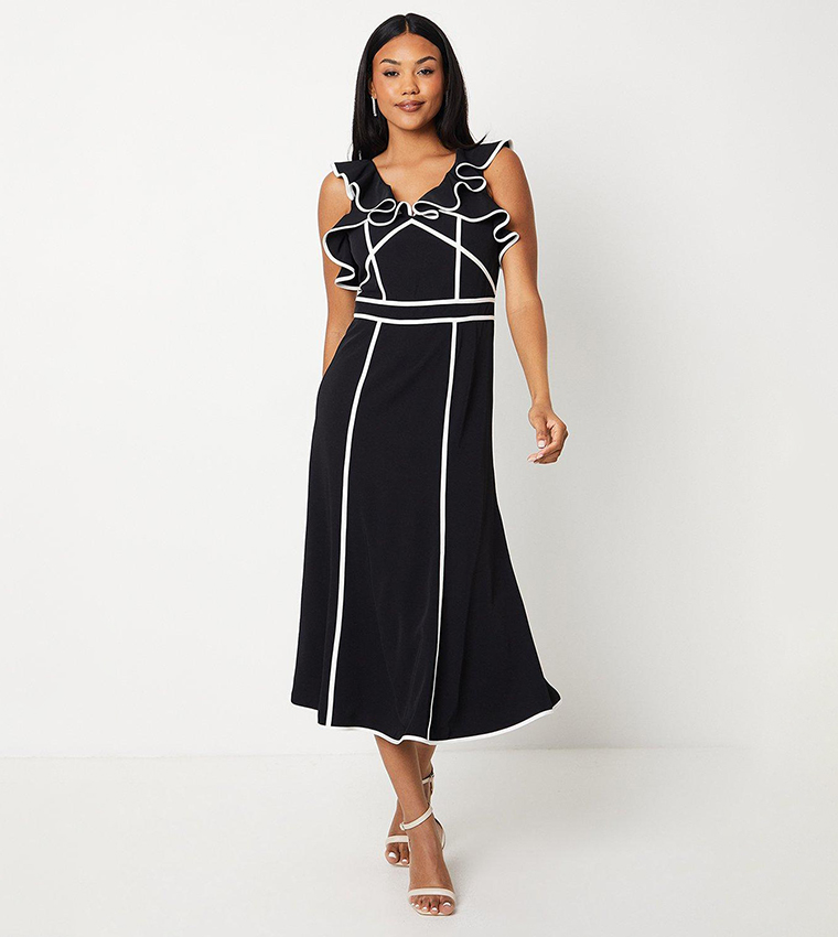 Frill Shoulder Detail Crepe Midi Dress with Tipping