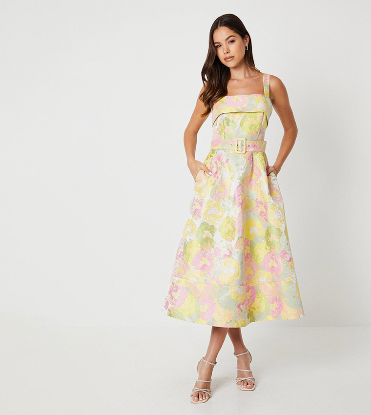 Belted Cami Top Jacquard Midi Dress