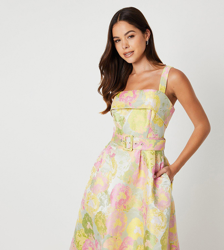 Belted Cami Top Jacquard Midi Dress