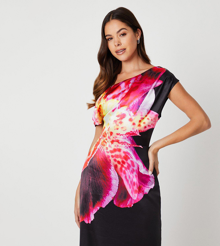 Asymmetric Placement Print Satin Dress