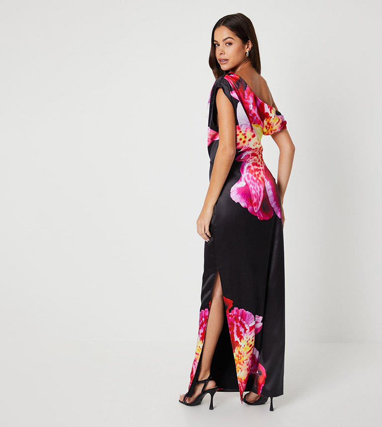Asymmetric Placement Print Satin Dress