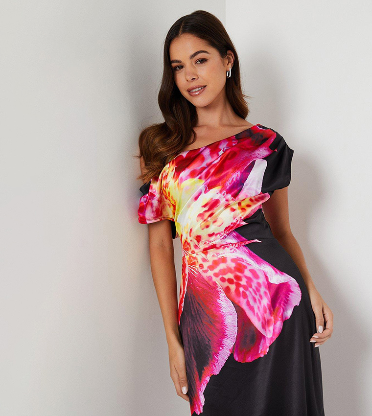 Asymmetric Placement Print Satin Dress