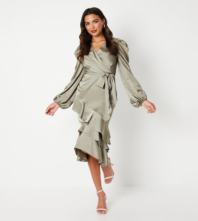 Buy Coast Ruffle Long Sleeves Satin Wrap Dress In Green 6thStreet Kuwait