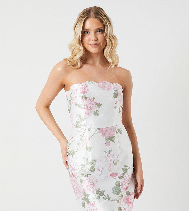 Peony Printed Scallop Detail Twill Column Bridesmaids Dress