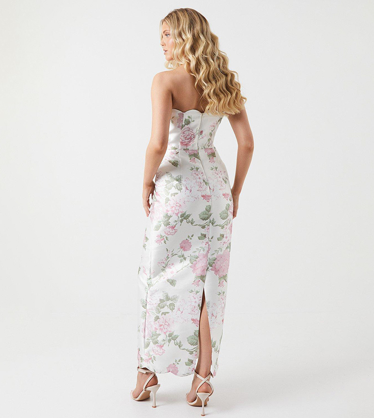 Peony Printed Scallop Detail Twill Column Bridesmaids Dress