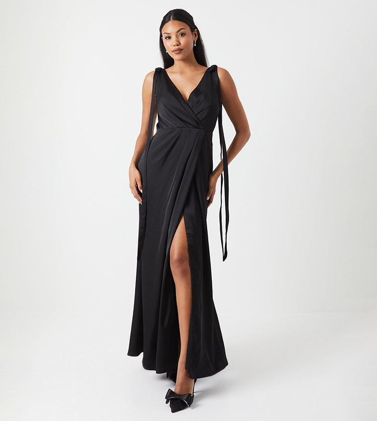 Buy Coast Tie Shoulder Ruched Skirt Satin Bridesmaids Maxi Dress In Black 6thStreet Bahrain