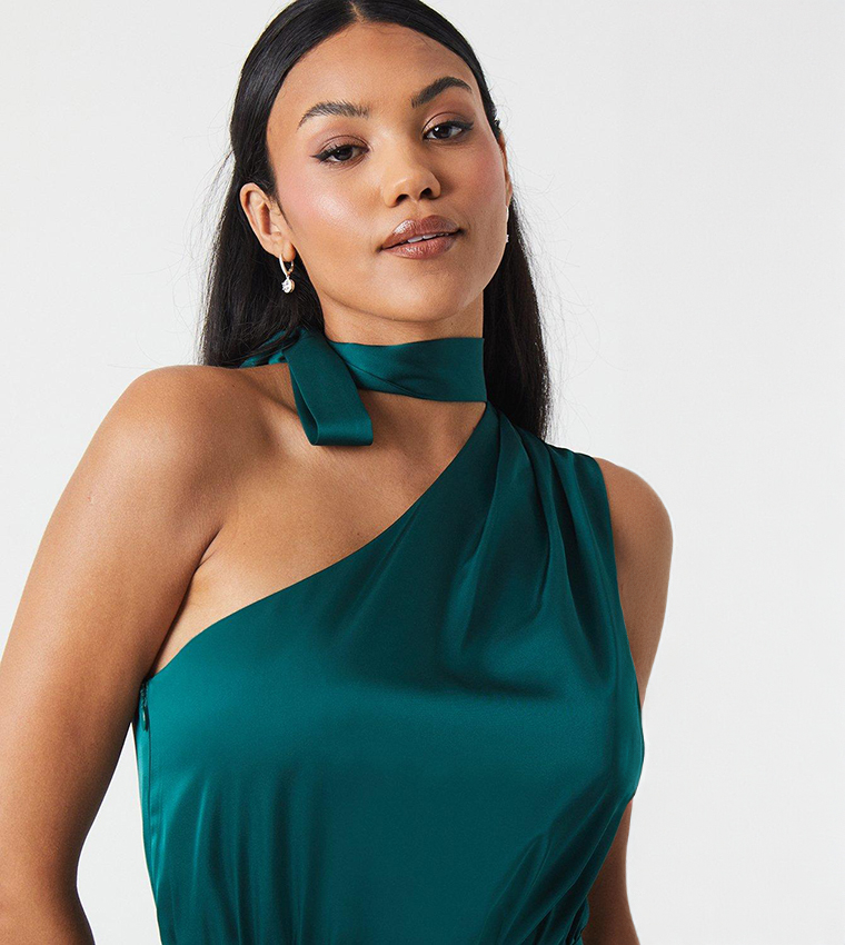 One Shoulder Tie Neck Satin Bridesmaids Dress