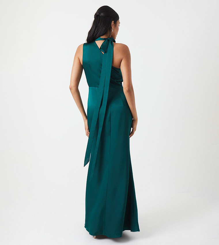 One Shoulder Tie Neck Satin Bridesmaids Dress