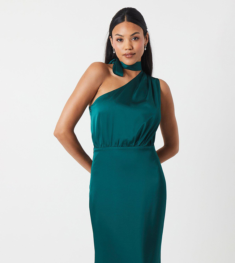 One Shoulder Tie Neck Satin Bridesmaids Dress