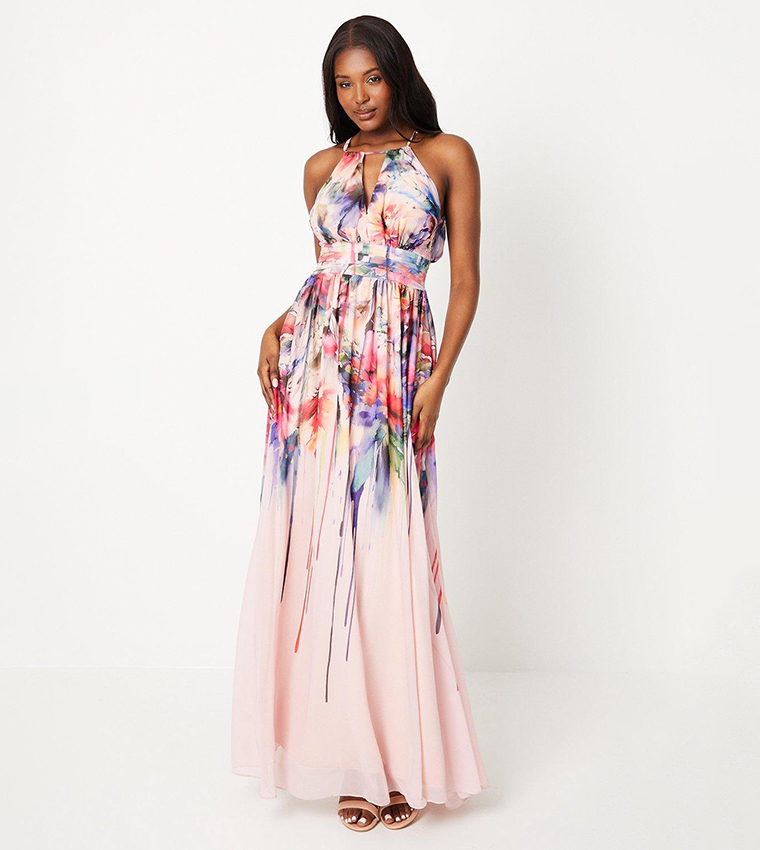 Printed Georgette Halter Maxi Dress