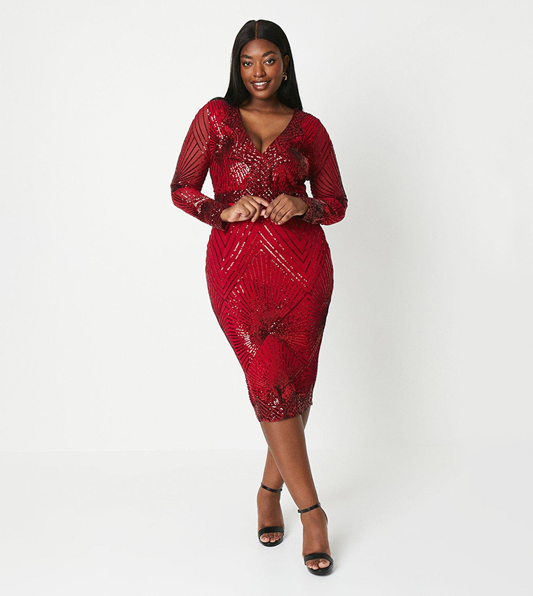 Buy Coast Curve V Neck Sequin Midi Dress In Red 6thStreet Saudi Arabia