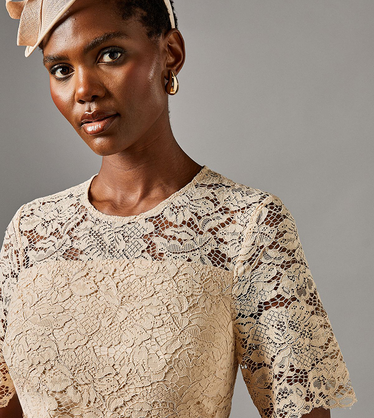 Lace And Crepe Short Sleeves Midi Dress