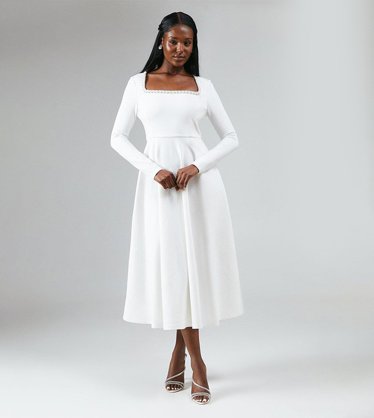 Crystal Trim Ponte Midi Wedding Dress