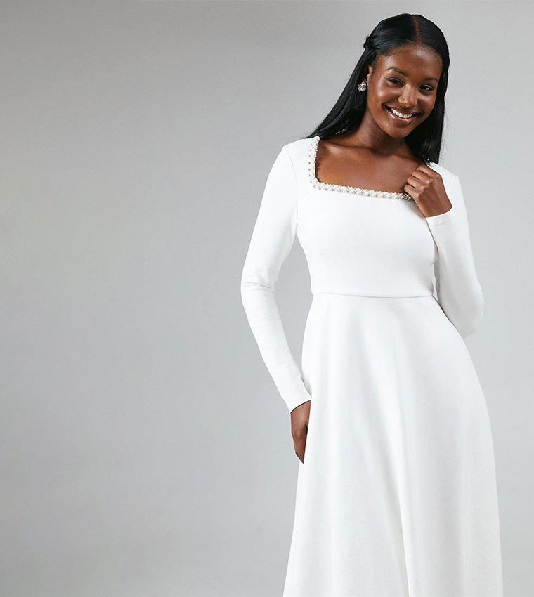 Crystal Trim Ponte Midi Wedding Dress