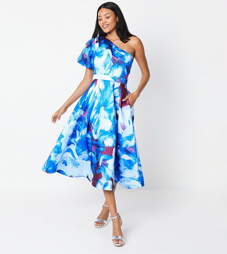 Printed One Shoulder Midi Wedding Dress