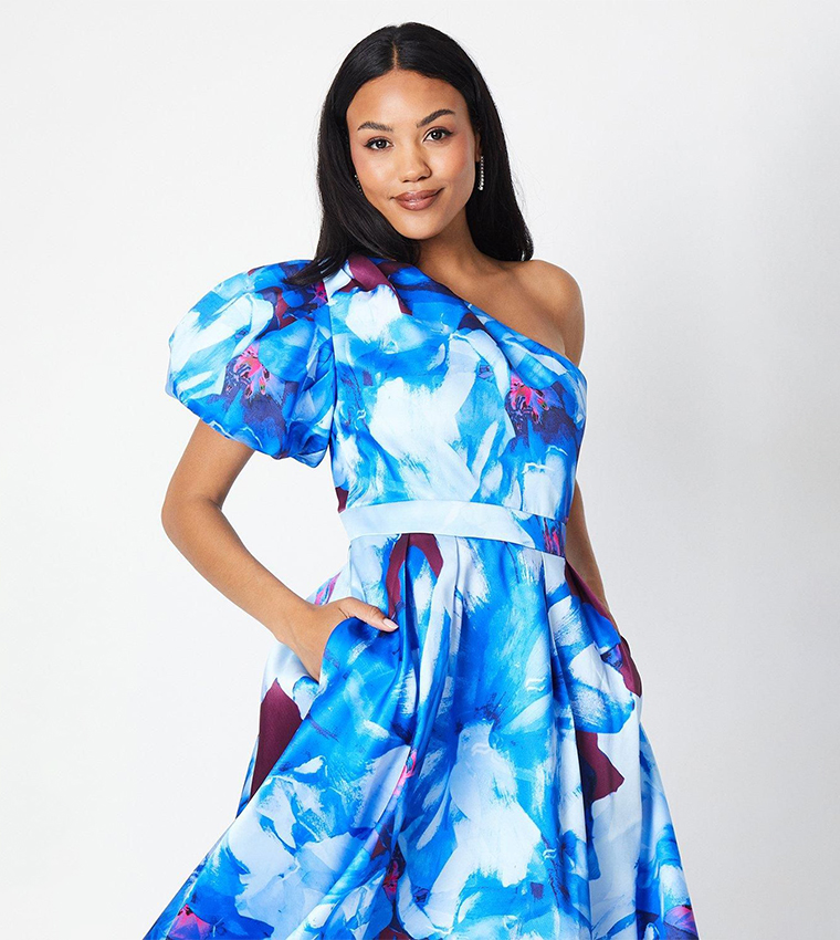 Printed One Shoulder Midi Wedding Dress